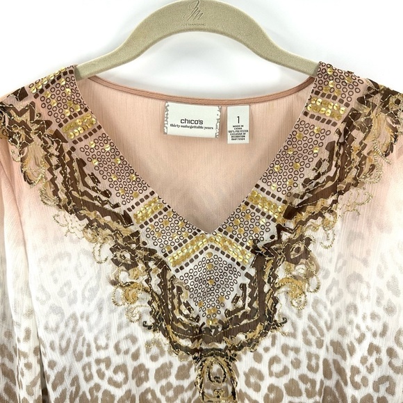 Chicos Size 1 US 8 Medium Top Sheer Leopard Sequin Peplum Shirt Animal Print - Picture 2 of 8